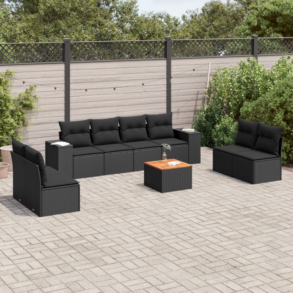 Garden furniture set with cushions, 9 pieces, black, polyrattan