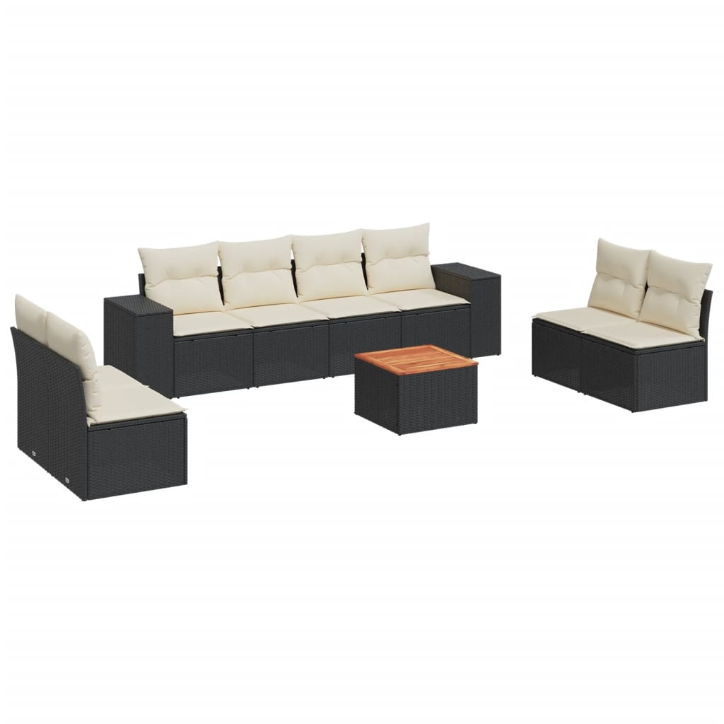 Set mobilier de grădină cu perne, 9 piese, negru, poliratan