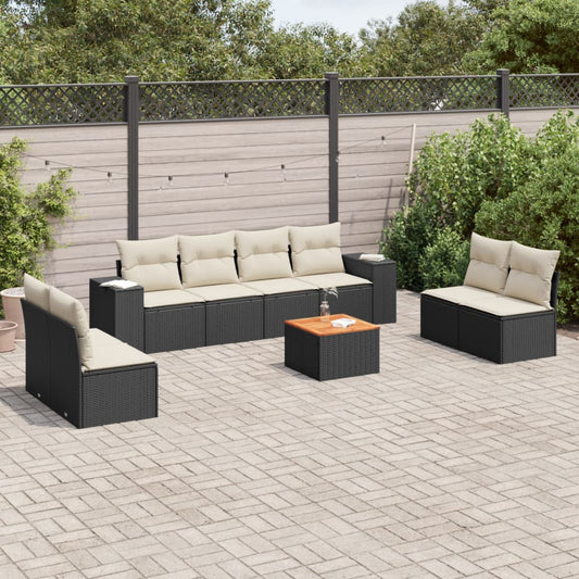 Garden furniture set with cushions, 9 pieces, black, polyrattan