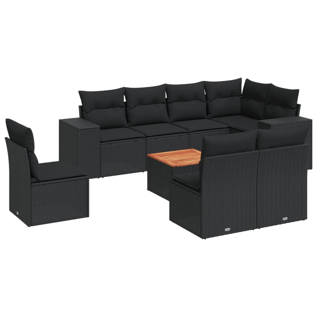 Set mobilier de grădină cu perne, 9 piese, negru, poliratan