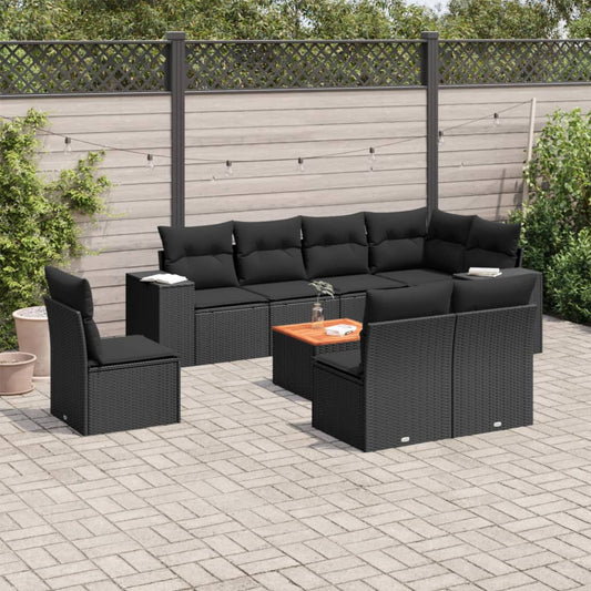 Garden furniture set with cushions, 9 pieces, black, polyrattan