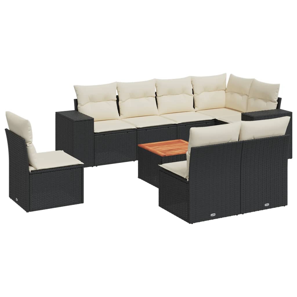 Set mobilier de grădină cu perne, 9 piese, negru, poliratan