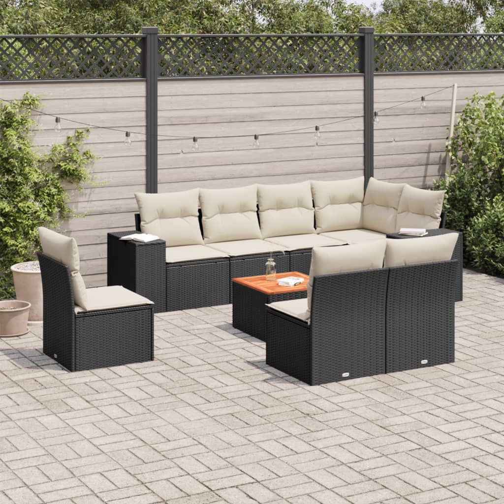 Garden furniture set with cushions, 9 pieces, black, polyrattan