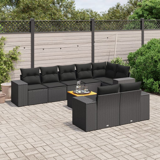 Garden furniture set with cushions, 9 pieces, black, polyrattan