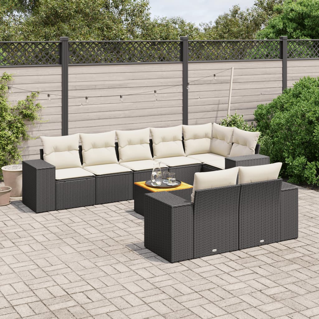 Garden furniture set with cushions, 9 pieces, black, polyrattan