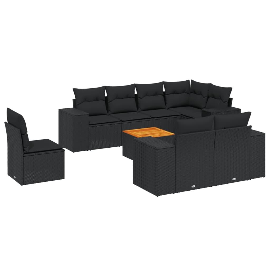 Garden furniture set with cushions, 9 pieces, black, polyrattan