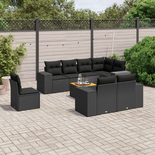 Garden furniture set with cushions, 9 pieces, black, polyrattan