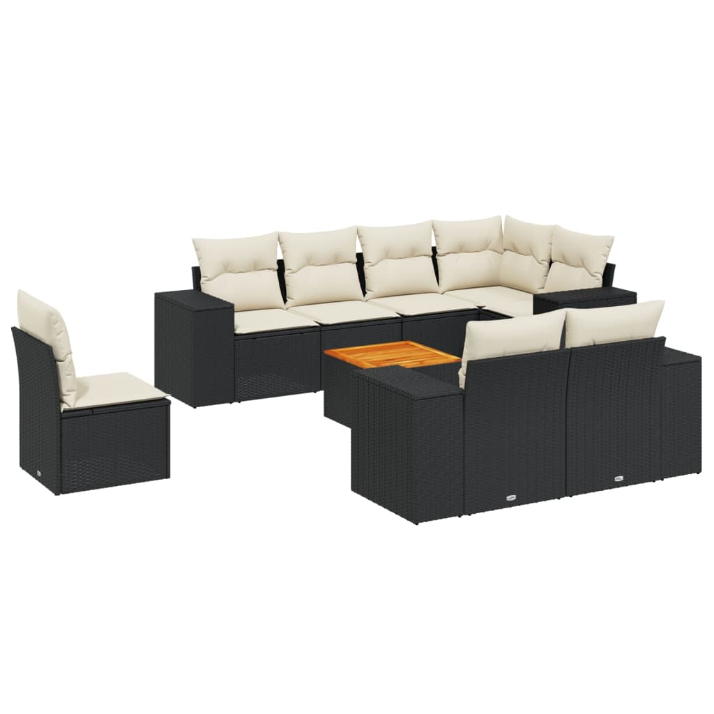 Set mobilier de grădină cu perne, 9 piese, negru, poliratan