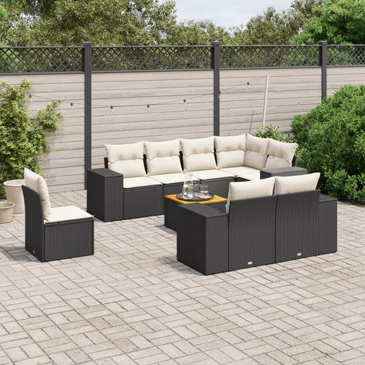 Garden furniture set with cushions, 9 pieces, black, polyrattan