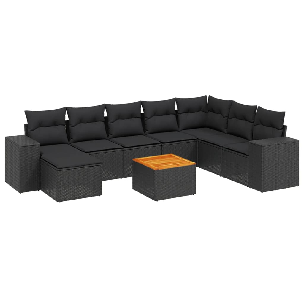 Garden furniture set with cushions, 9 pieces, black, polyrattan