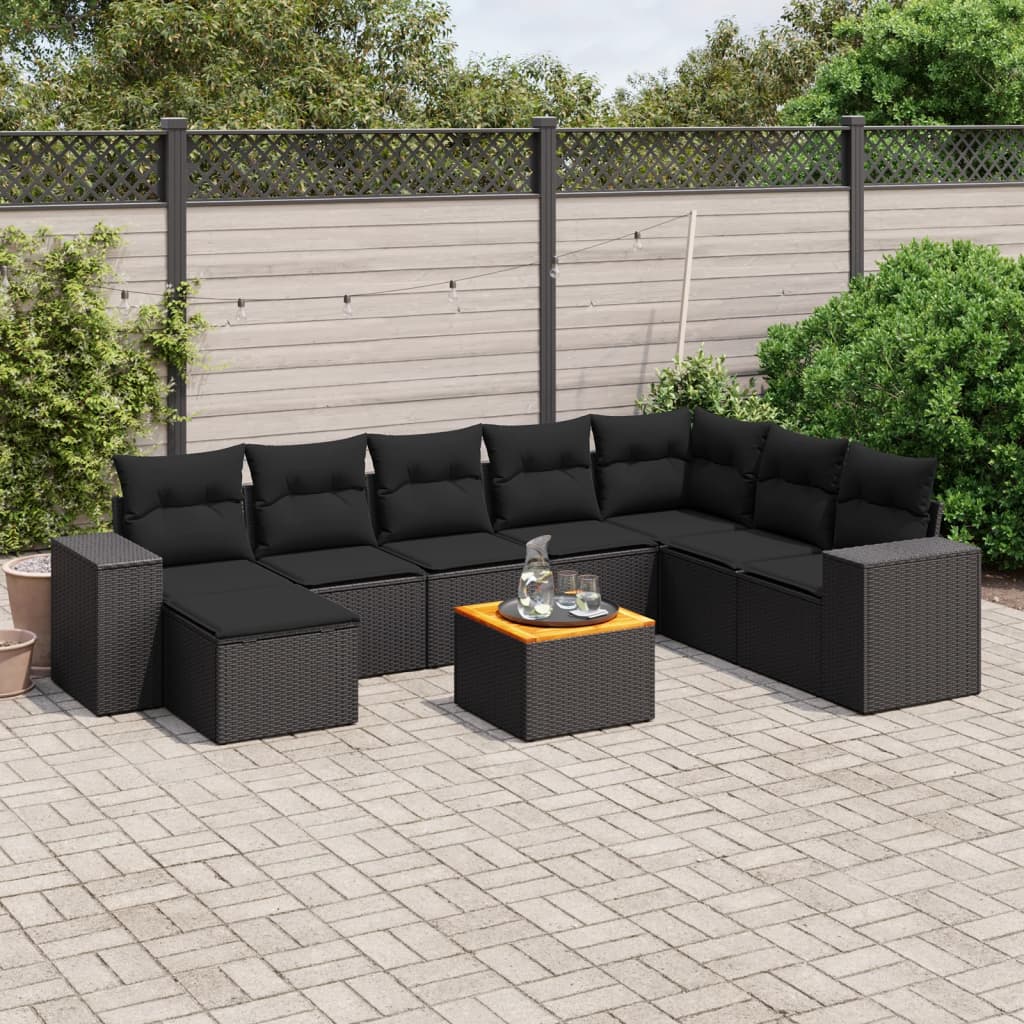 Garden furniture set with cushions, 9 pieces, black, polyrattan