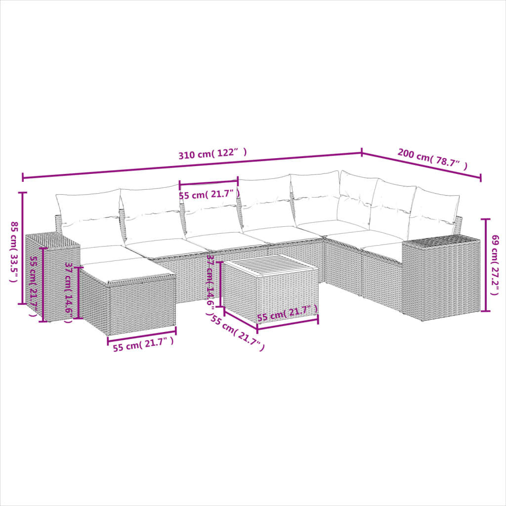 Set mobilier de grădină cu perne, 9 piese, negru, poliratan