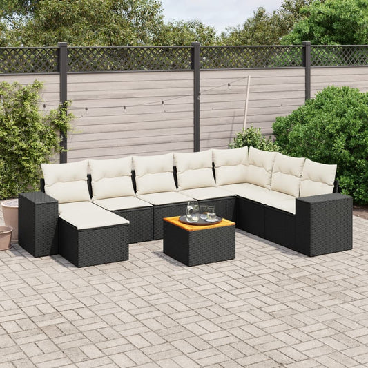 Garden furniture set with cushions, 9 pieces, black, polyrattan