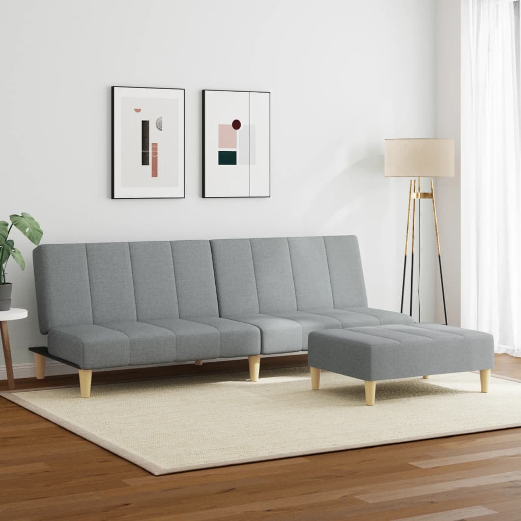 Sofa bed with stool, 2-seater, light grey, textile