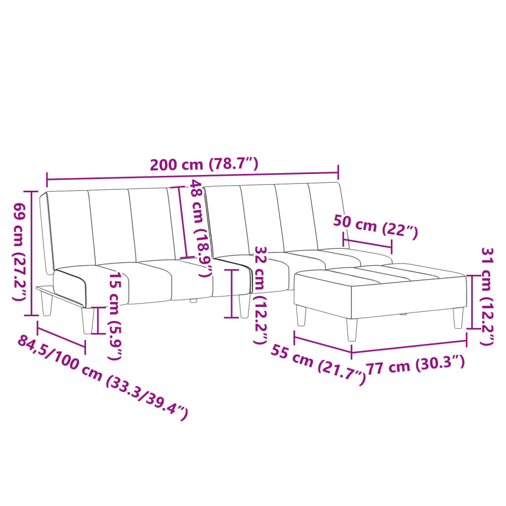 Sofa bed with stool, 2-seater, light grey, textile