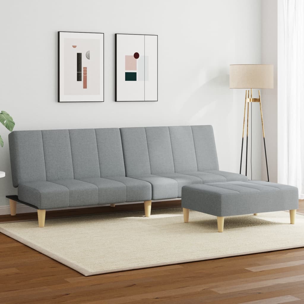 Sofa bed with stool, 2-seater, light grey, textile