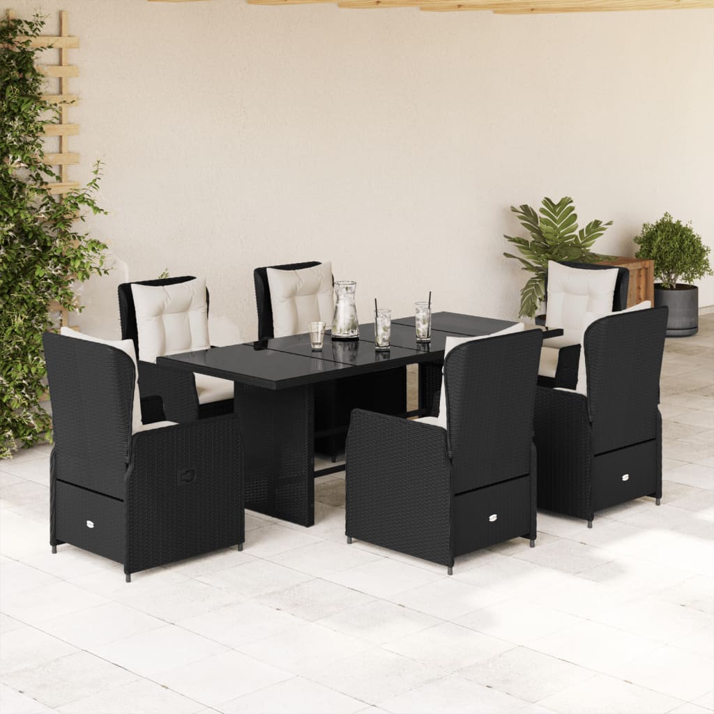 Garden furniture set with cushions, 7 pieces, black, polyrattan