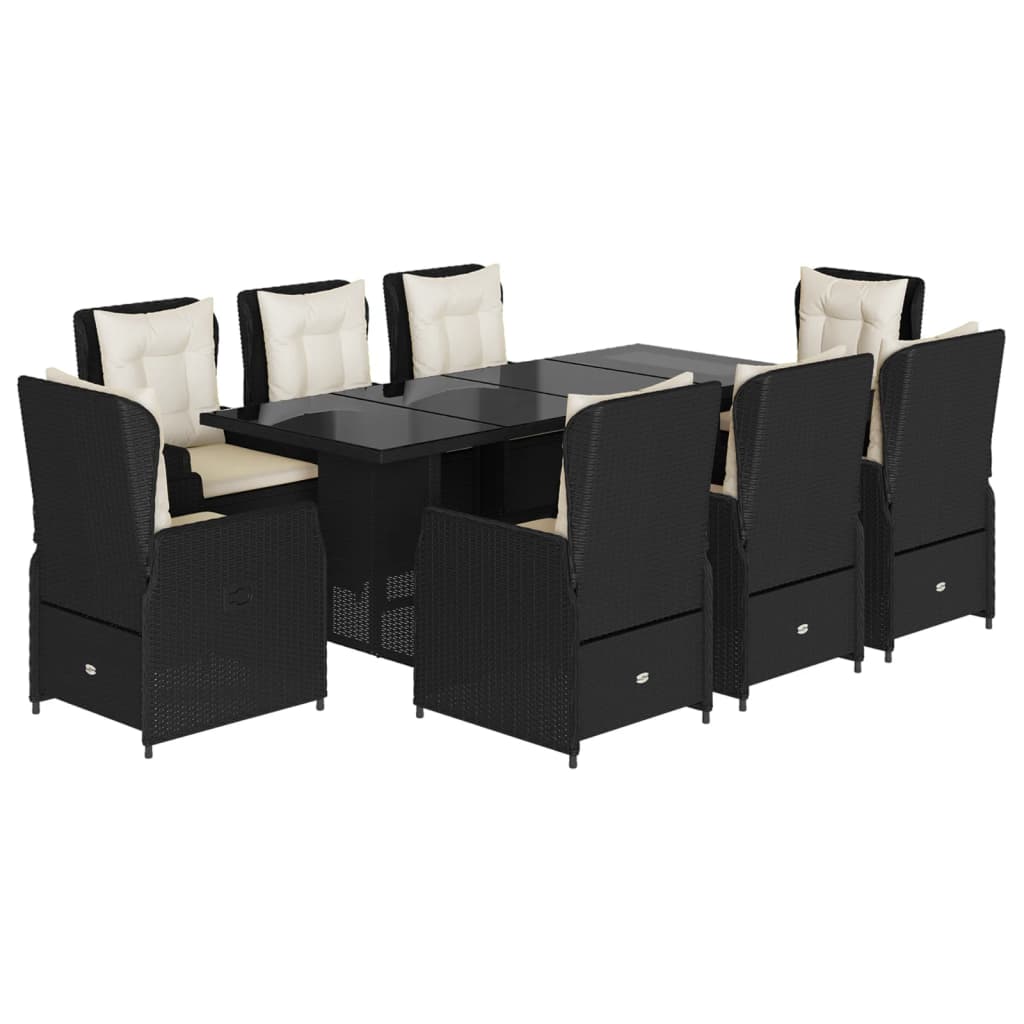 Set mobilier de grădină cu perne, 9 piese, negru, poliratan