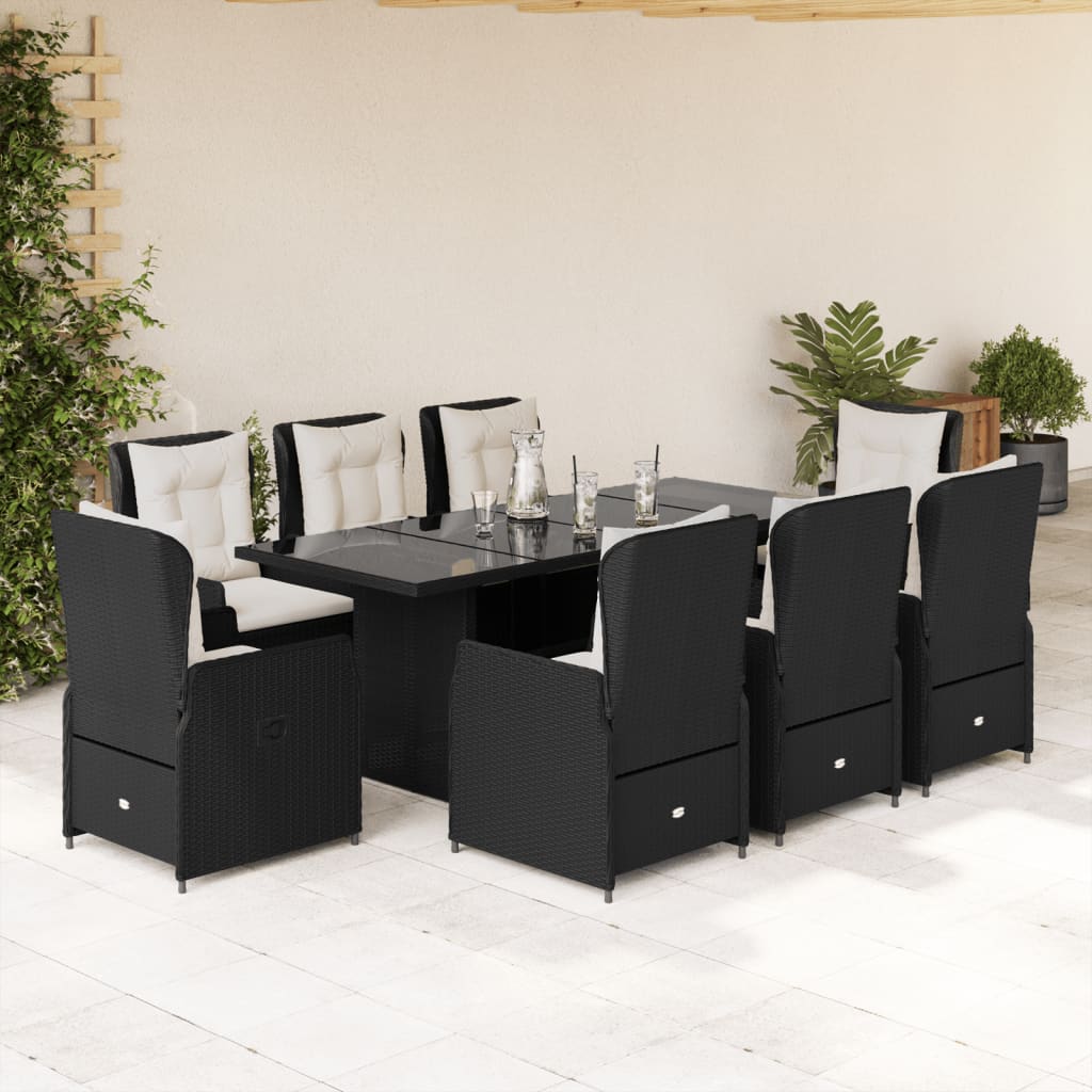 Set mobilier de grădină cu perne, 9 piese, negru, poliratan