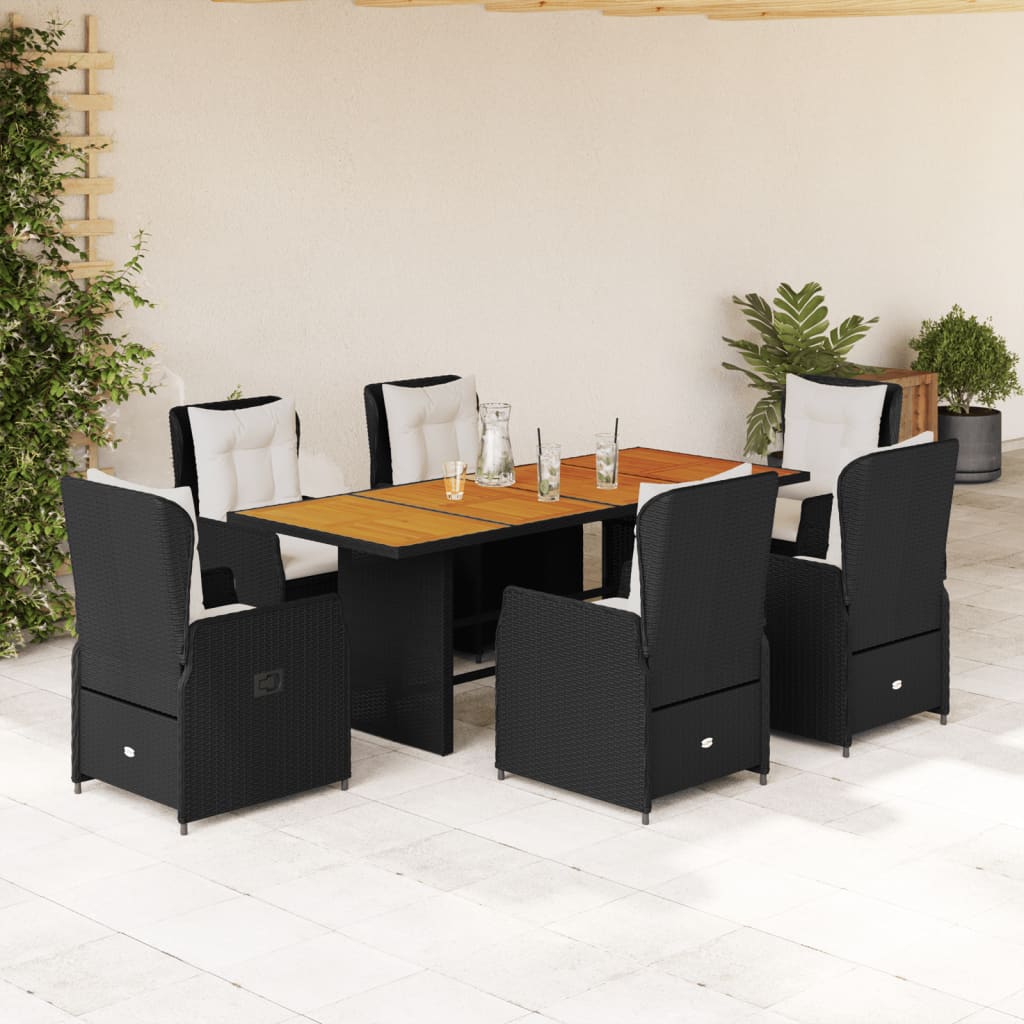 Garden furniture set with cushions, 7 pieces, black, polyrattan