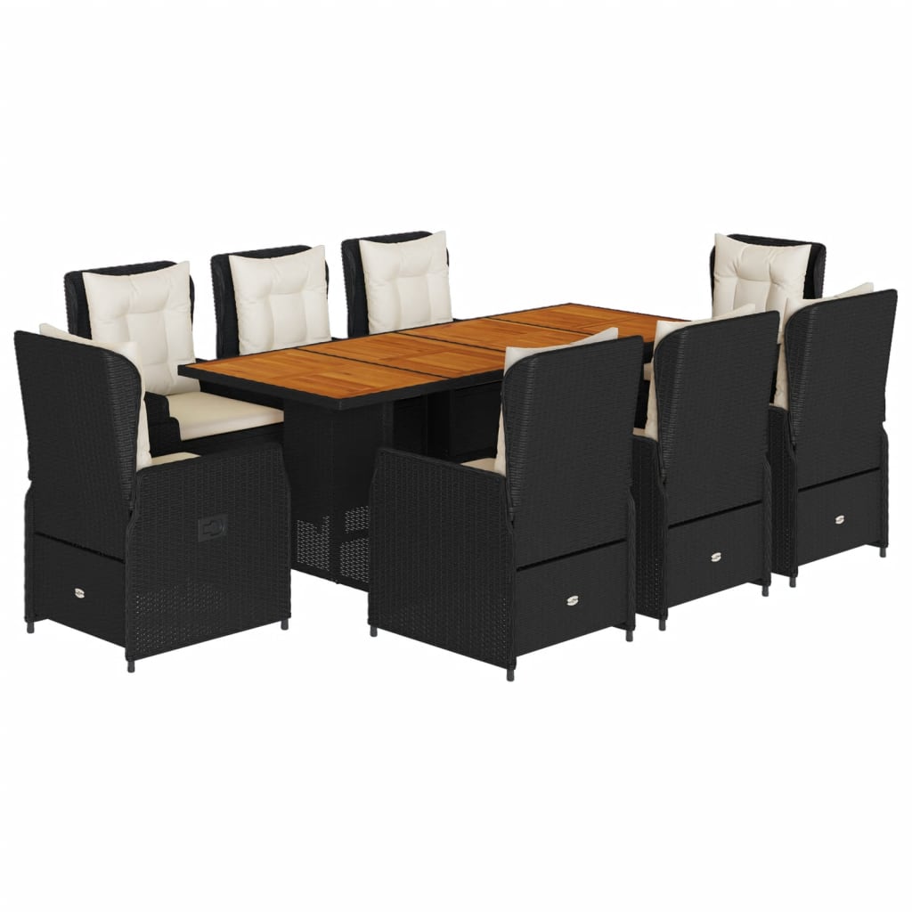 Set mobilier de grădină cu perne, 9 piese, negru, poliratan