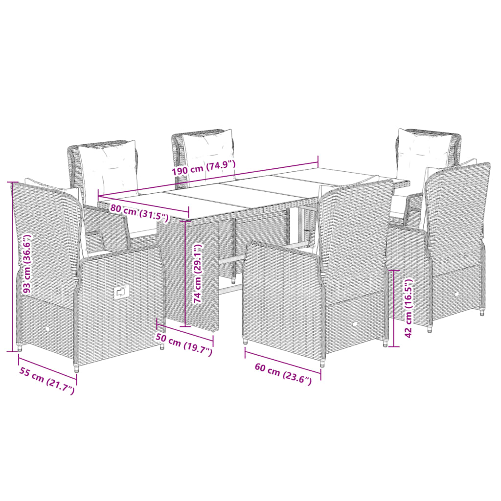 Set mobilier de grădină cu perne, 7 piese, maro, poliratan