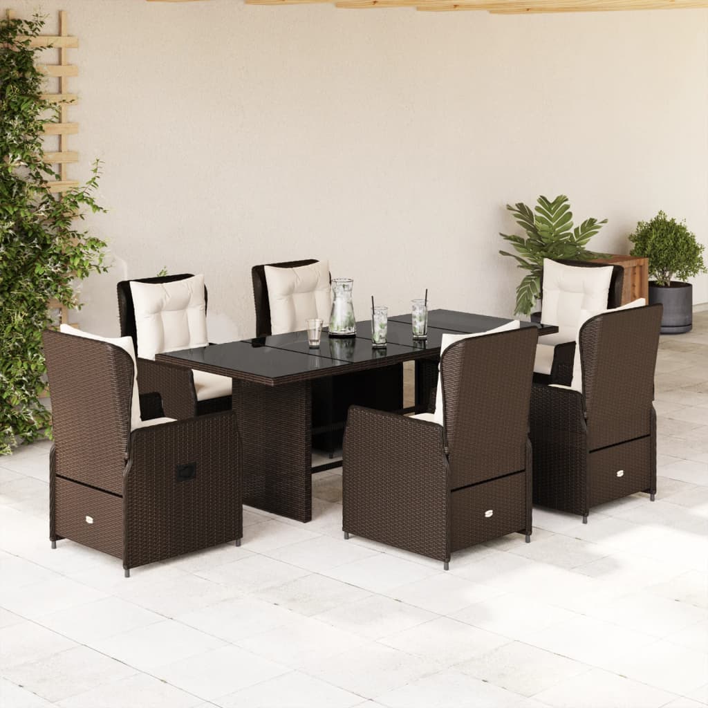 Garden furniture set with cushions, 7 pieces, brown, polyrattan