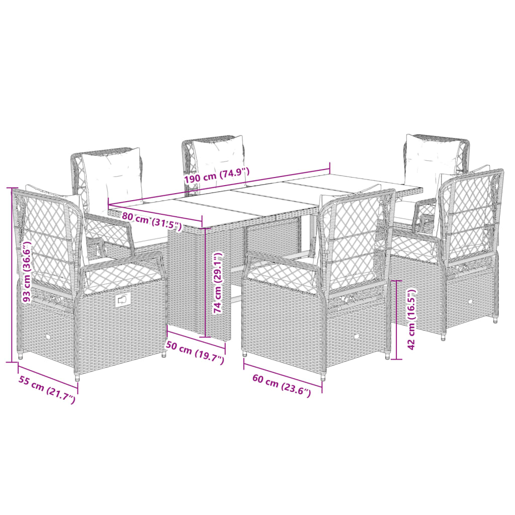 Set mobilier de grădină cu perne, 7 piese, negru, poliratan