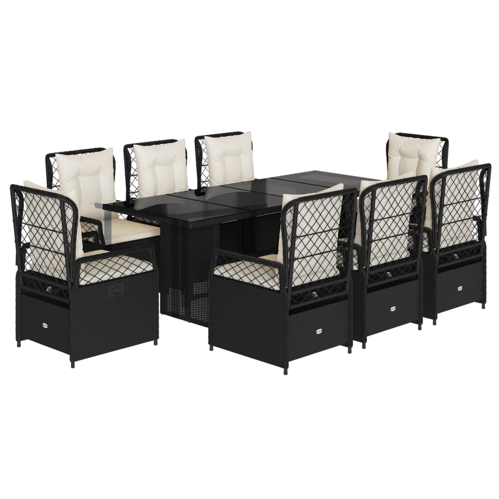 Set mobilier de grădină cu perne, 9 piese, negru, poliratan