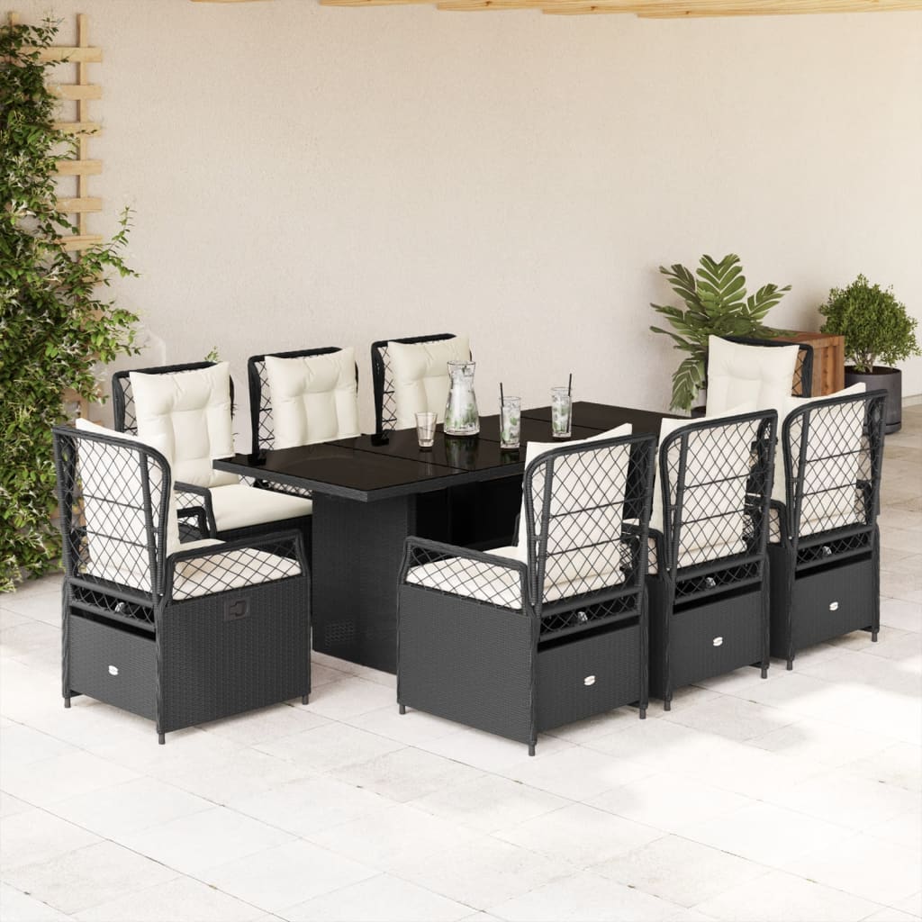 Set mobilier de grădină cu perne, 9 piese, negru, poliratan