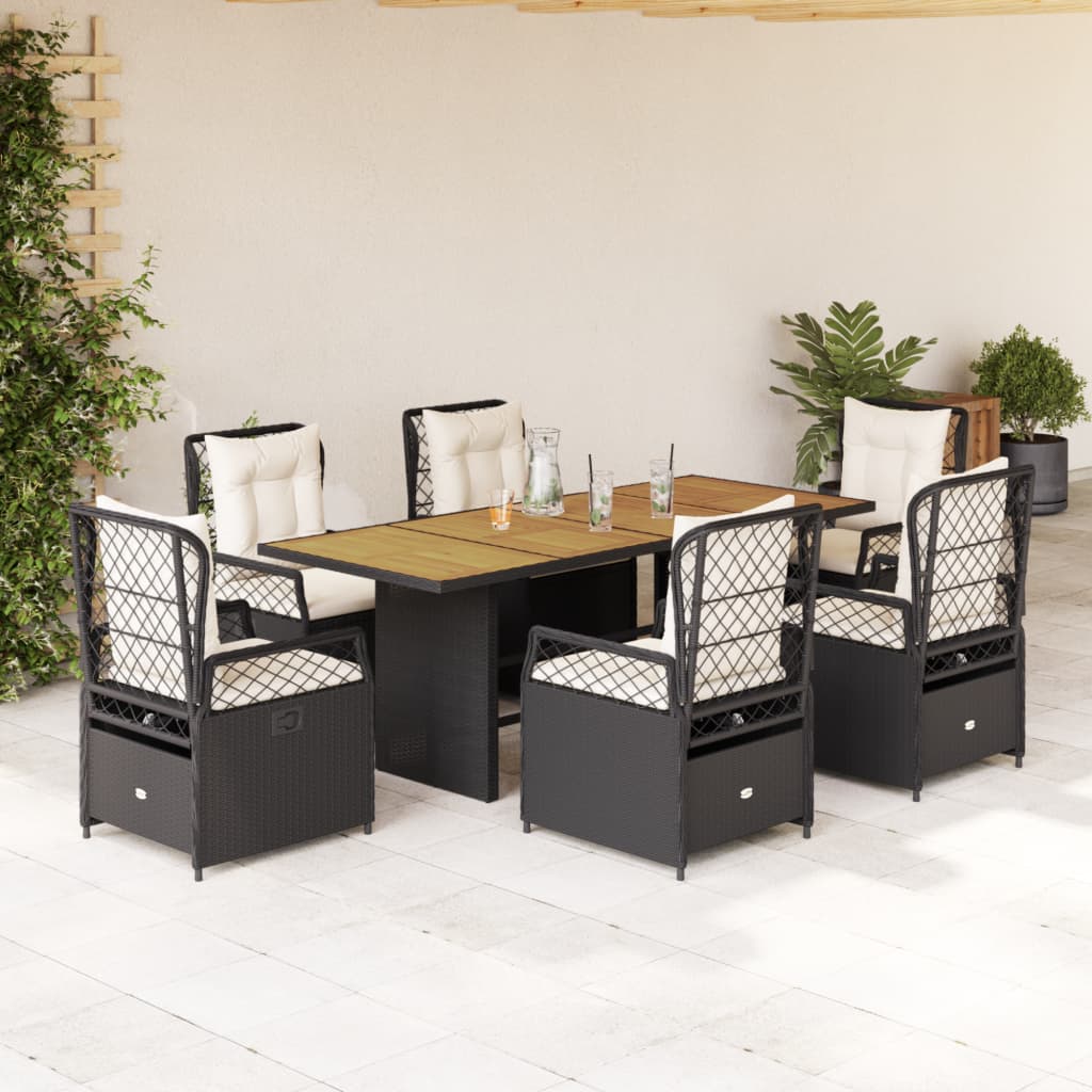 Garden furniture set with cushions, 7 pieces, black, polyrattan