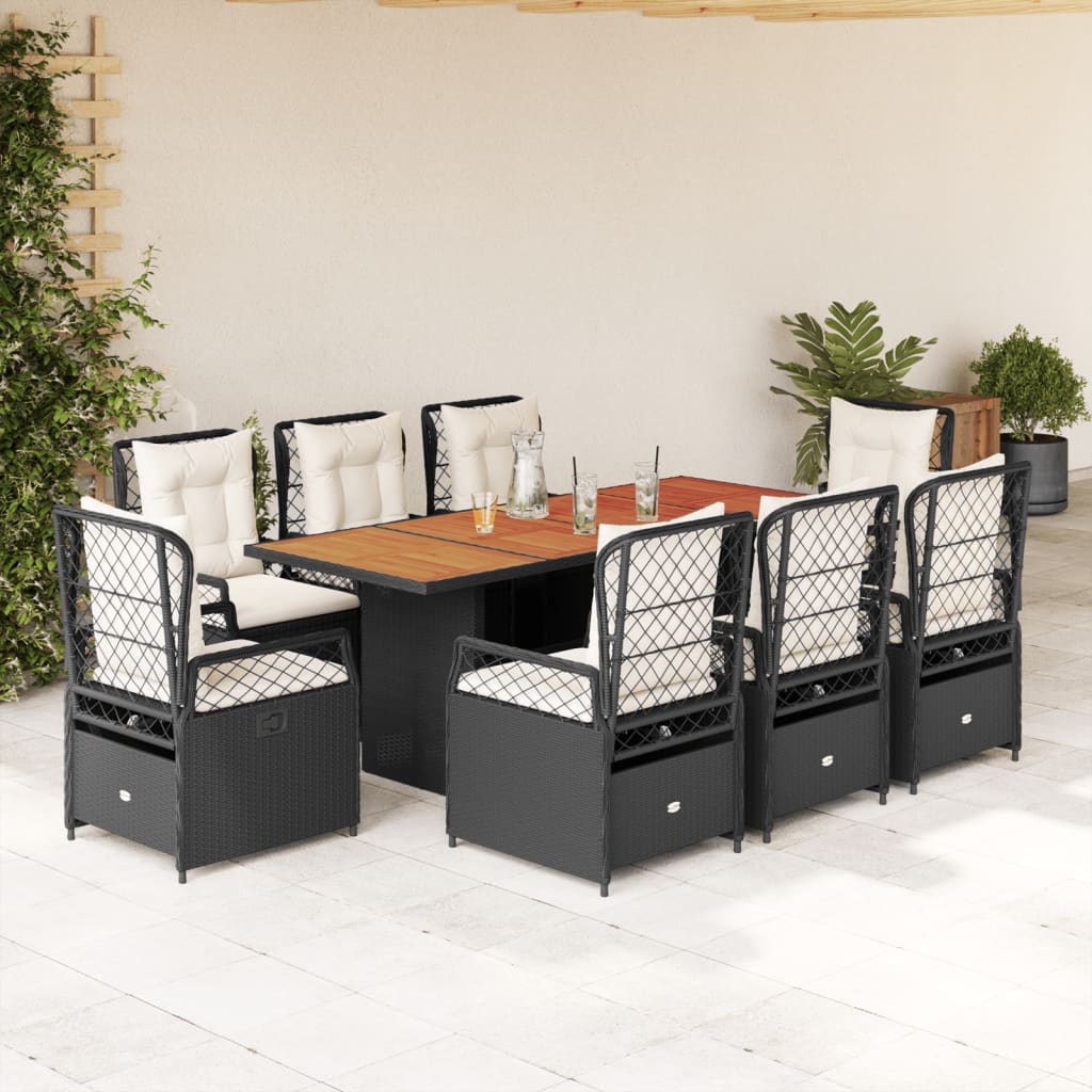 Set mobilier de grădină cu perne, 9 piese, negru, poliratan