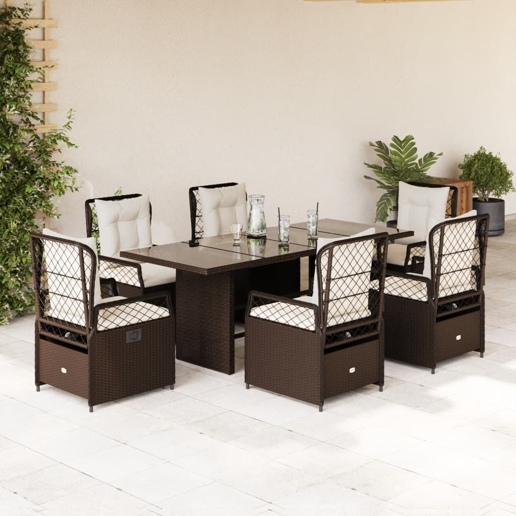 Garden furniture set with cushions, 7 pieces, brown, polyrattan