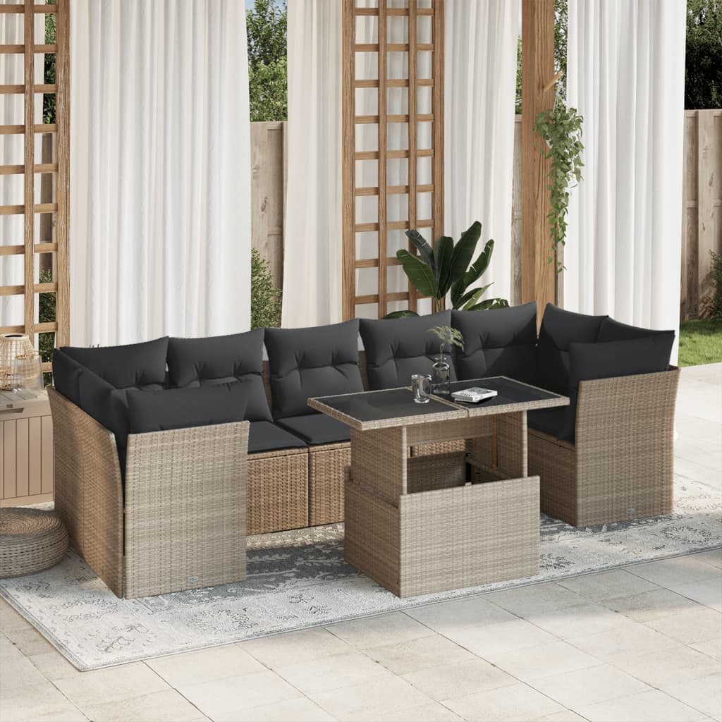 Garden furniture set with cushions, 8 pieces, light grey, polyrattan