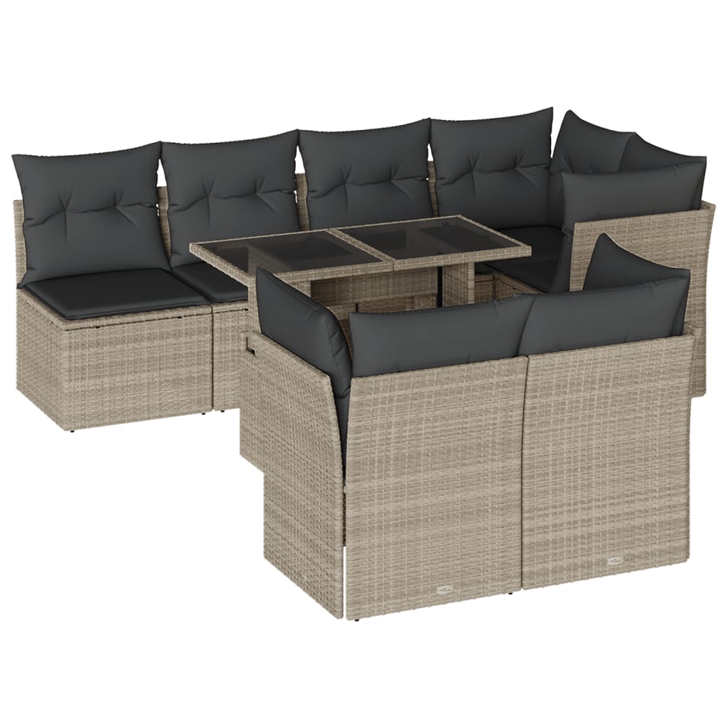 Garden furniture set with cushions, 8 pieces, light grey, polyrattan