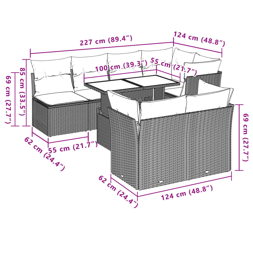 Set mobilier de grădină cu perne, 8 piese gri deschis poliratan