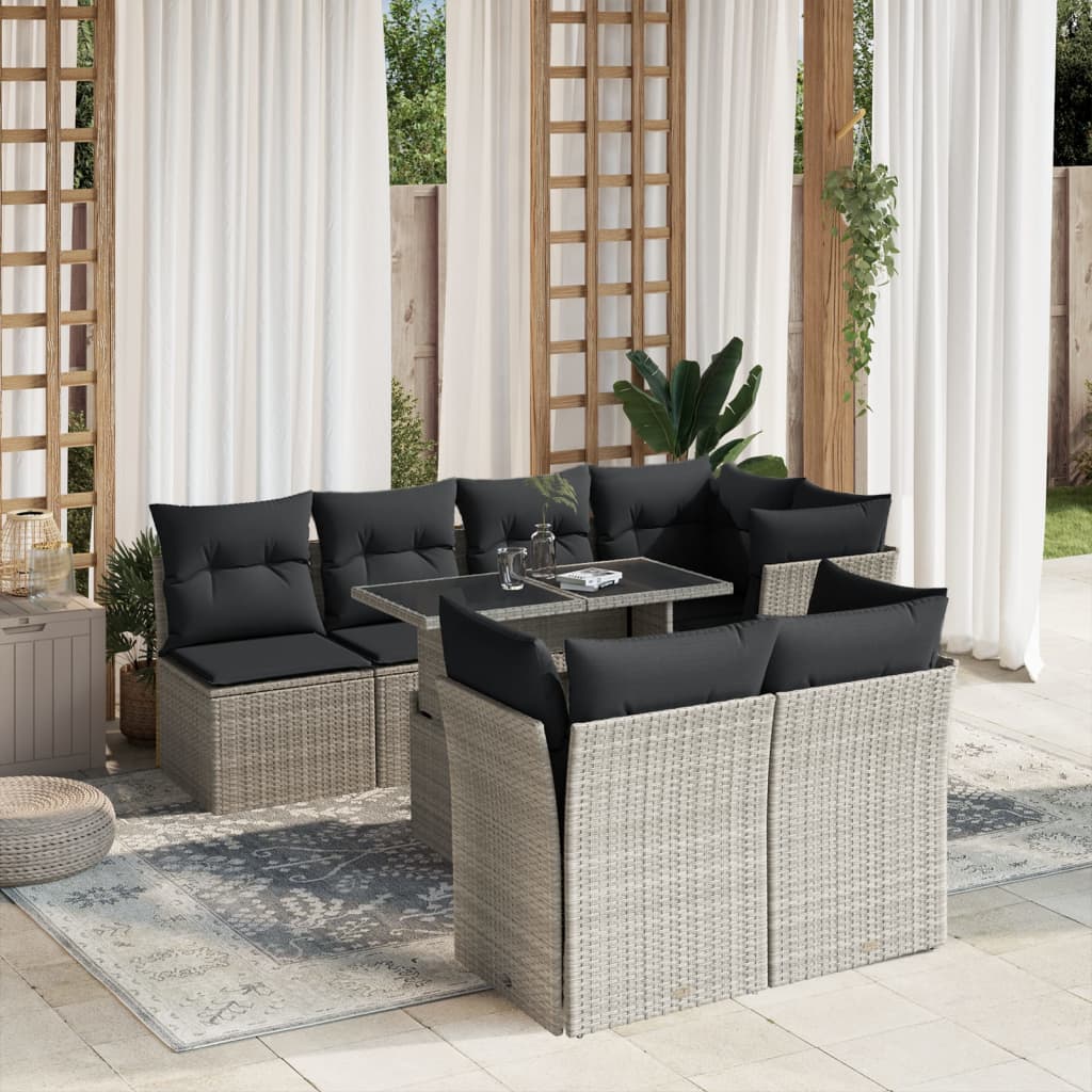 Garden furniture set with cushions, 8 pieces, light grey, polyrattan