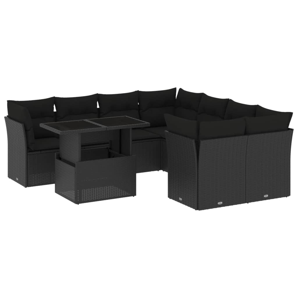 Set mobilier de grădină cu perne, 9 piese, negru, poliratan