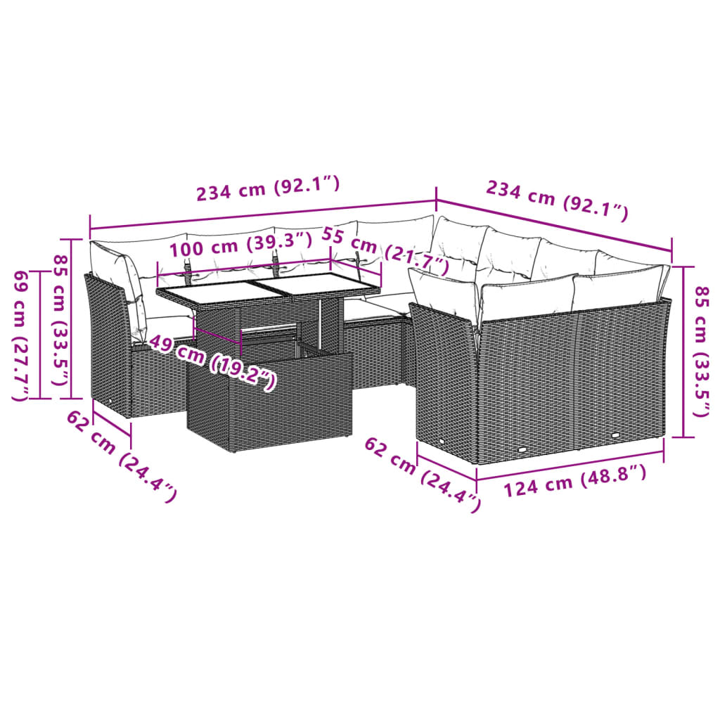 Garden furniture set with cushions, 9 pieces, black, polyrattan