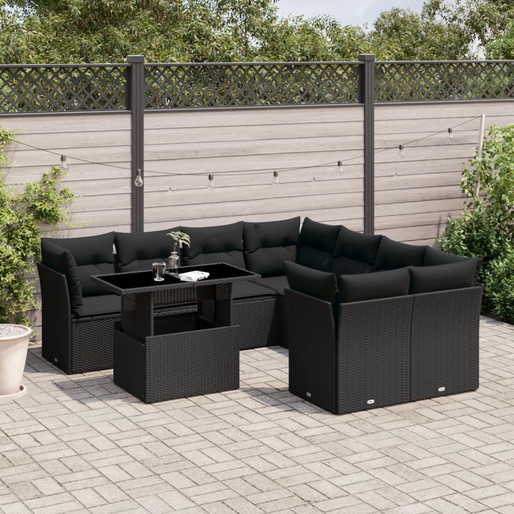 Garden furniture set with cushions, 9 pieces, black, polyrattan