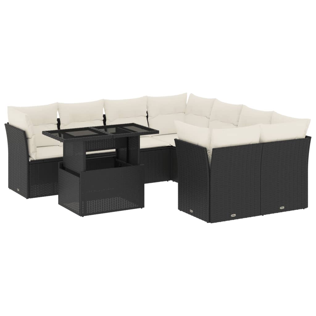 Set mobilier de grădină cu perne, 9 piese, negru, poliratan