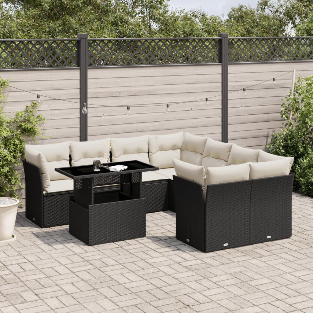 Garden furniture set with cushions, 9 pieces, black, polyrattan