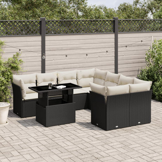 Garden furniture set with cushions, 9 pieces, black, polyrattan