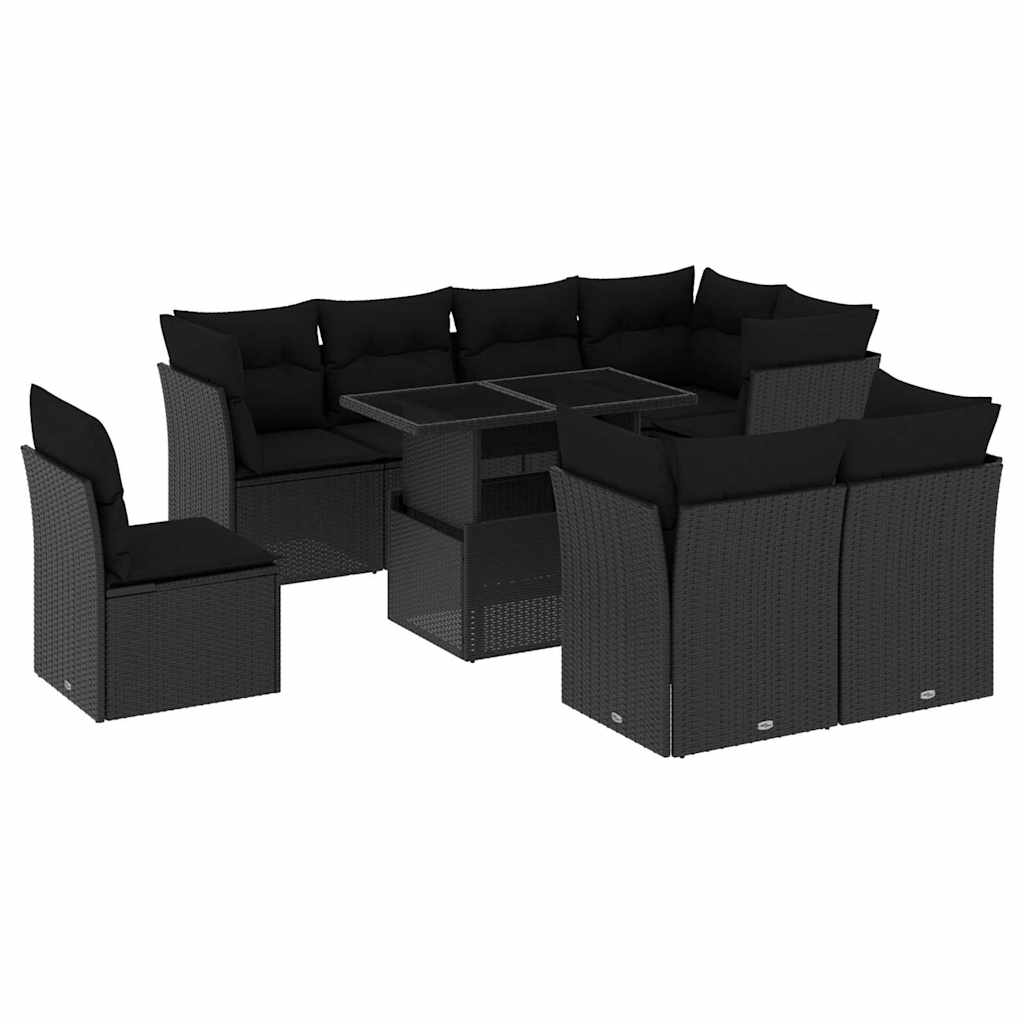 Garden furniture set with cushions, 9 pieces, black, polyrattan