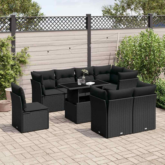 Garden furniture set with cushions, 9 pieces, black, polyrattan