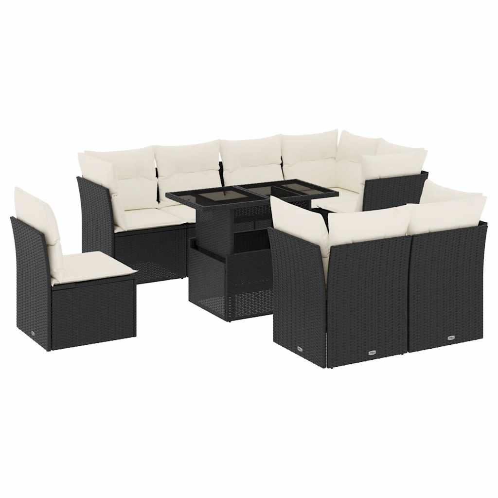 Garden furniture set with cushions, 9 pieces, black, polyrattan