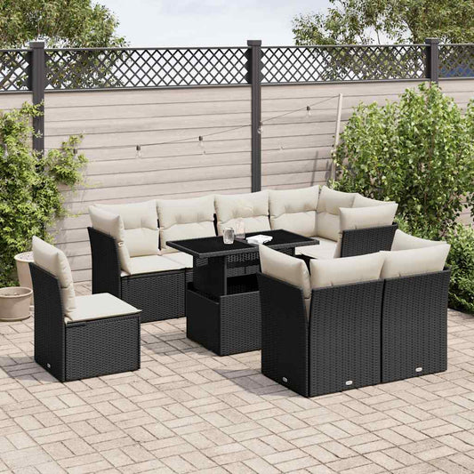 Garden furniture set with cushions, 9 pieces, black, polyrattan