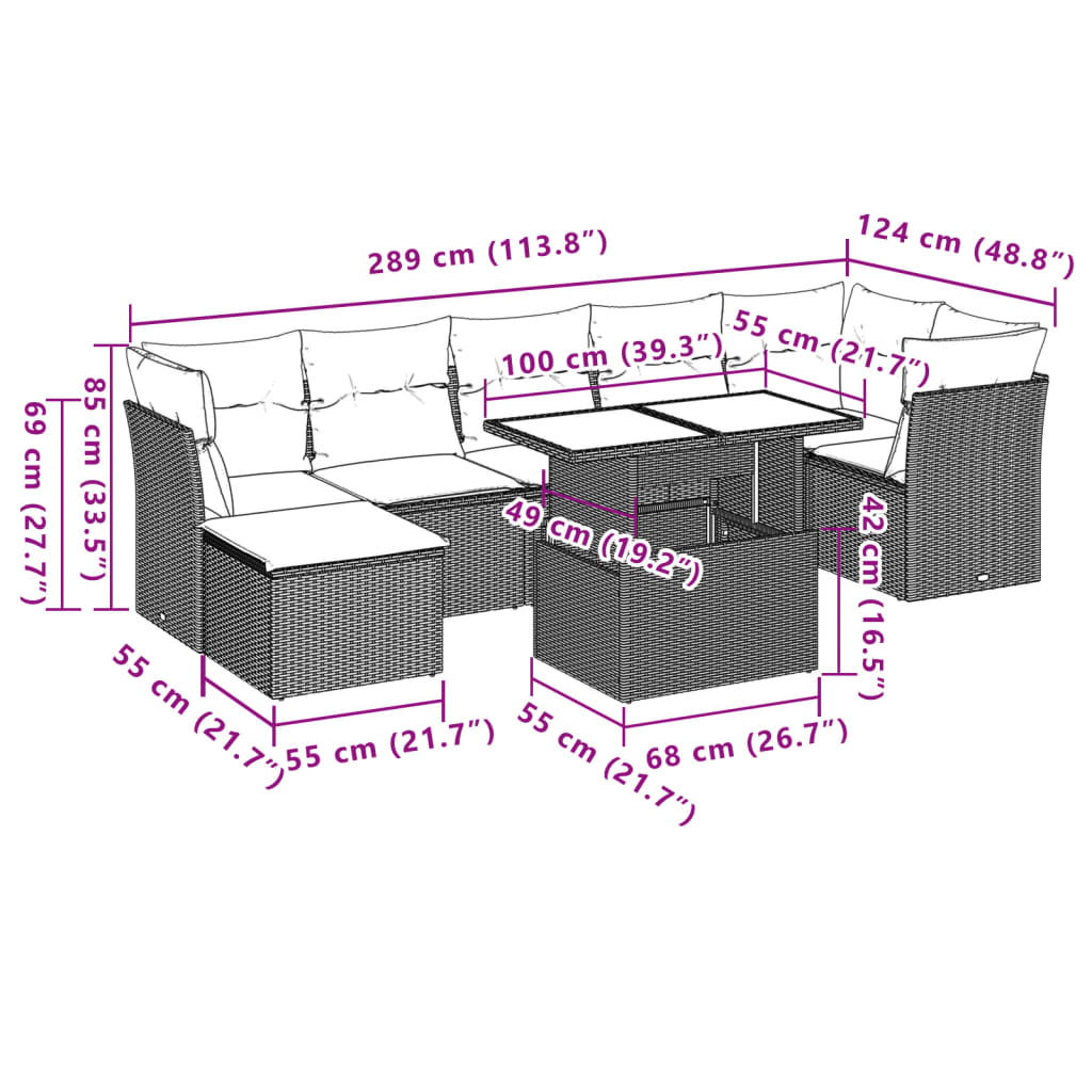 Set mobilier de grădină cu perne, 8 piese gri deschis poliratan