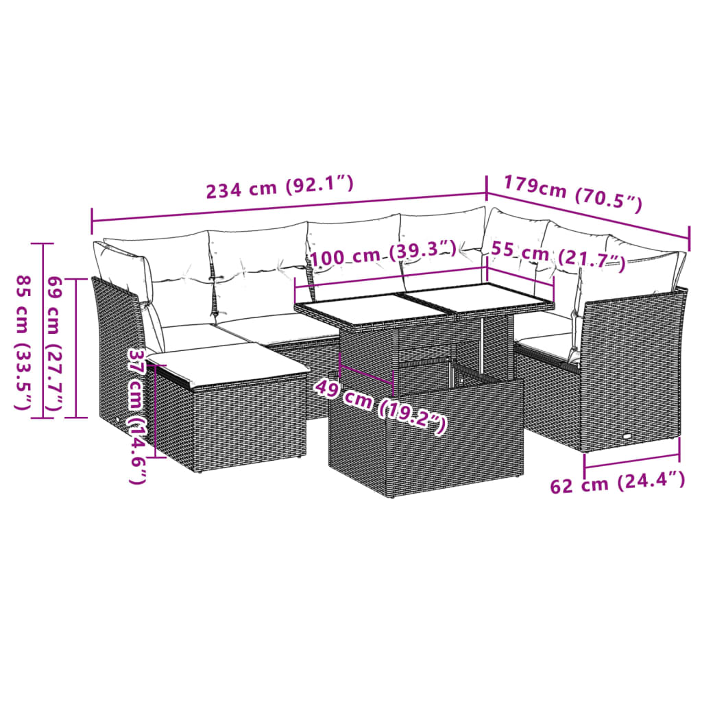 Garden furniture set with cushions, 8 pieces, light grey, polyrattan