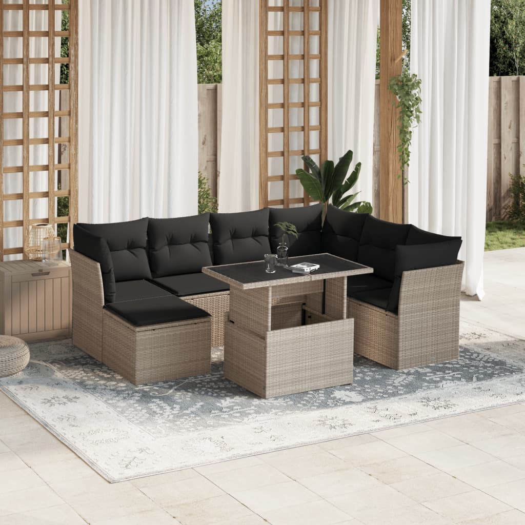 Garden furniture set with cushions, 8 pieces, light grey, polyrattan